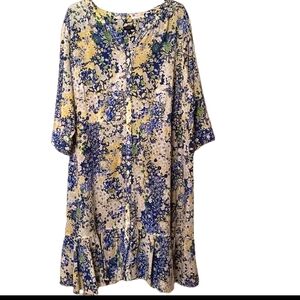Talbots Cotton Lovely Yellow & Blue Butterfly Garden Print Flowy A-line Dress